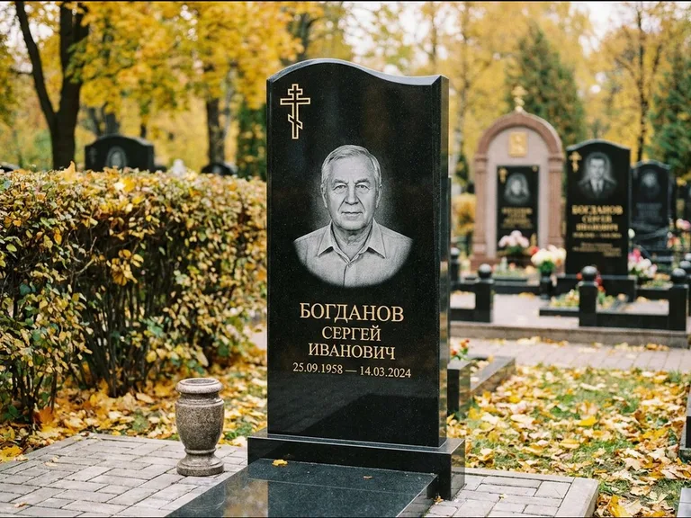 Памятник из чёрного гранита — стела с цветником с процветшим крестом с виноградной лозой, работа «Журавлёв» в Москве