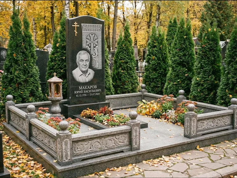 Памятник из чёрного гранита — стела с крестом и лампадой с армянским хачкаром, работа «Гущин» в Москве