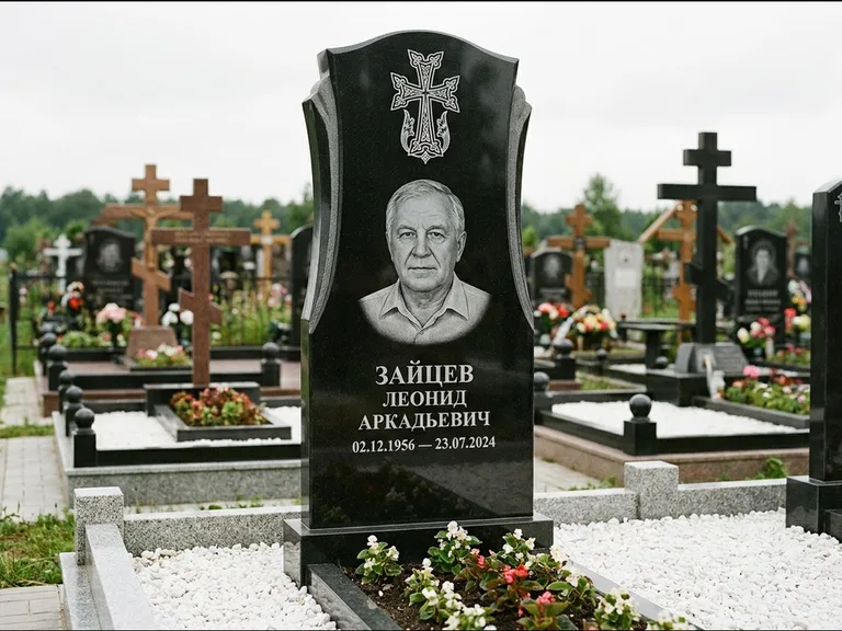 Памятник из чёрного гранита — семейная стела на двоих с армянским хачкаром, работа «Журавлёв» в Москве