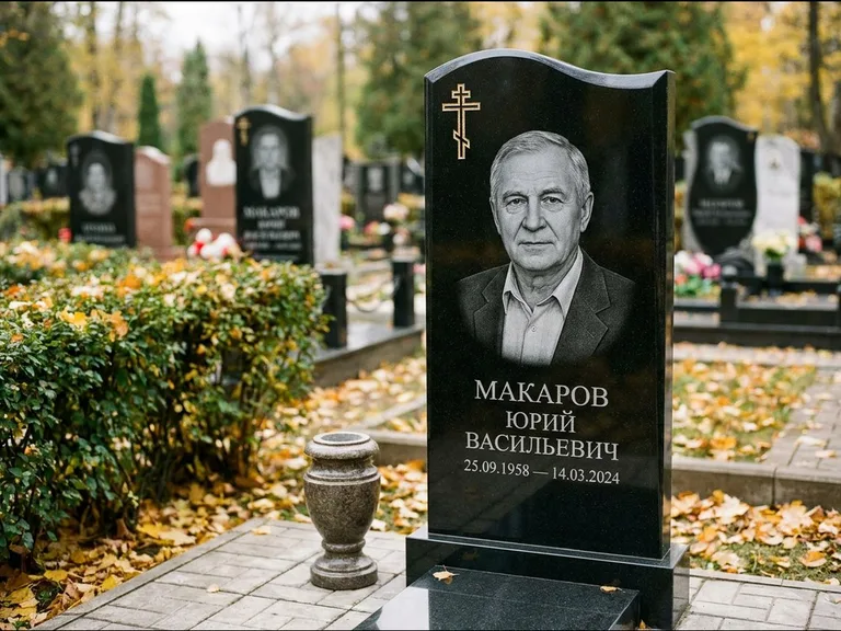 Памятник из чёрного гранита — фигурная стела с киот-нишей с процветшим крестом с виноградной лозой, работа «Богданов» в Москве