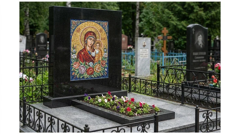 Мозаика на памятник в Москве — цветное панно из смальты на чёрной гранитной стеле