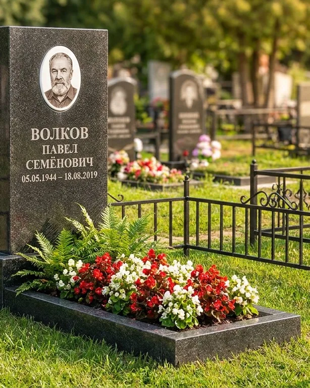Тёмно-серый памятник под ключ с художественной гравировкой в Москве