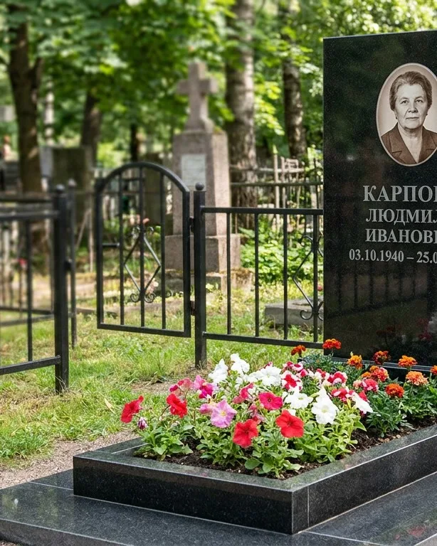 Памятник под ключ с низкой оградой и цветником в Москве