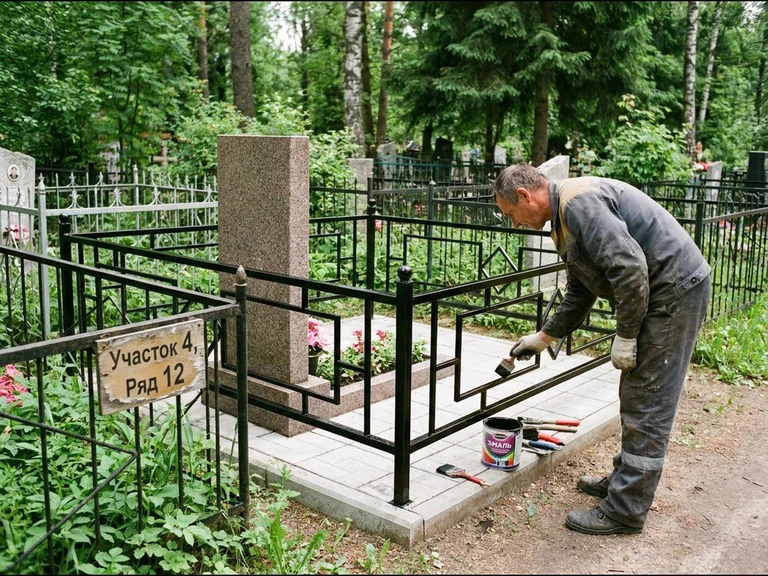 Покраска оградки на кладбище в Москве — мастер красит металлическую ограду на могиле чёрной эмалью