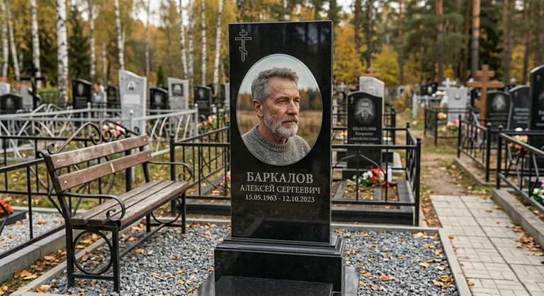 Овальный портрет на стекле на чёрной гранитной стеле в Москве