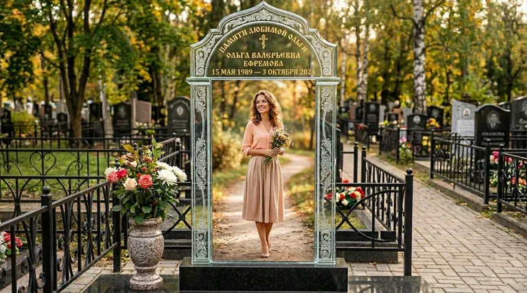 Портрет на стекле в форме арки на памятнике в Москве