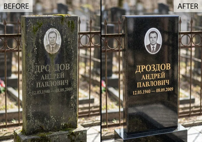 Чистка и полировка гранитного памятника: до и после в Москве