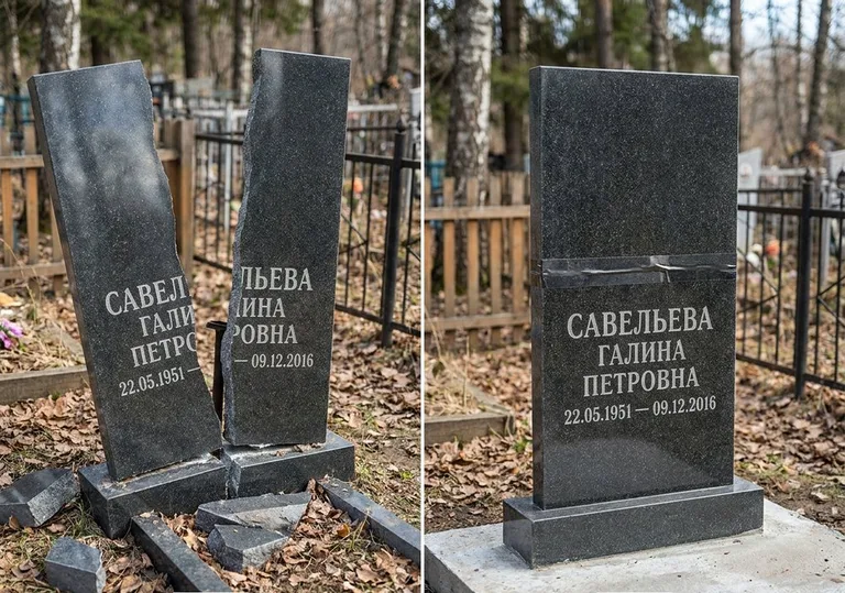 Склейка расколотого гранитного памятника: до и после в Москве