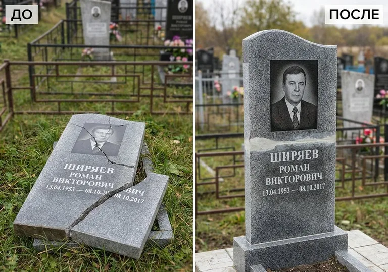 Обновление золочёных букв на граните: до и после в Москве