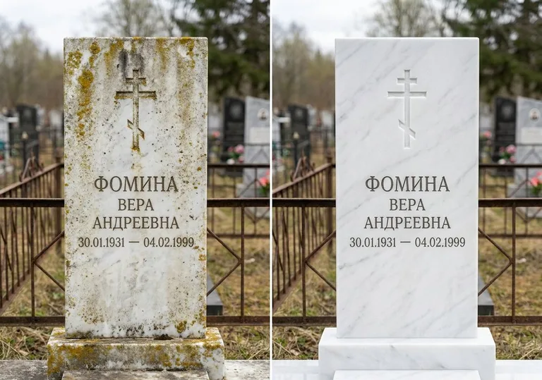 Восстановление мраморного памятника от желтизны и налёта в Москве