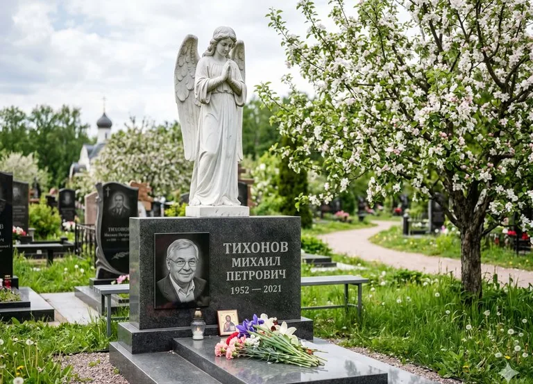 Мраморный молящийся ангел на гранитном памятнике весной в Москве