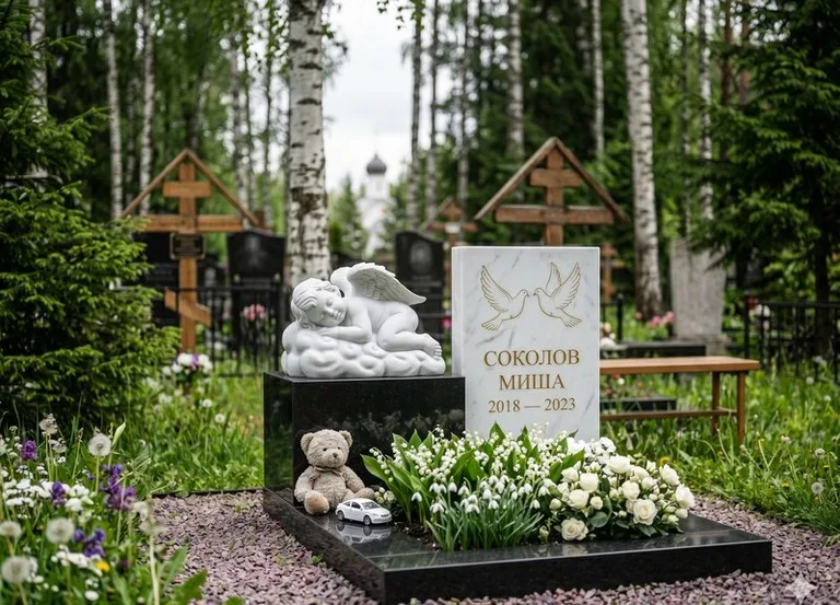Белый ангелочек на детском памятнике в Москве