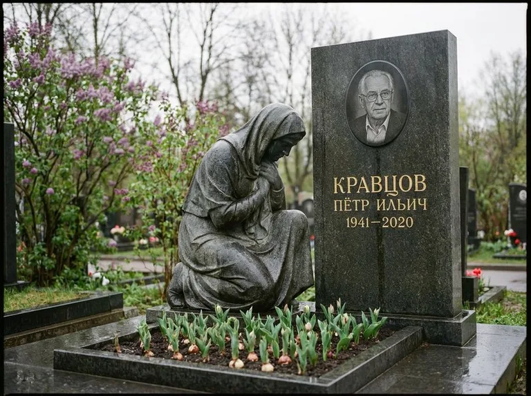 Гранитная скорбящая фигура у стелы на кладбище в Москве