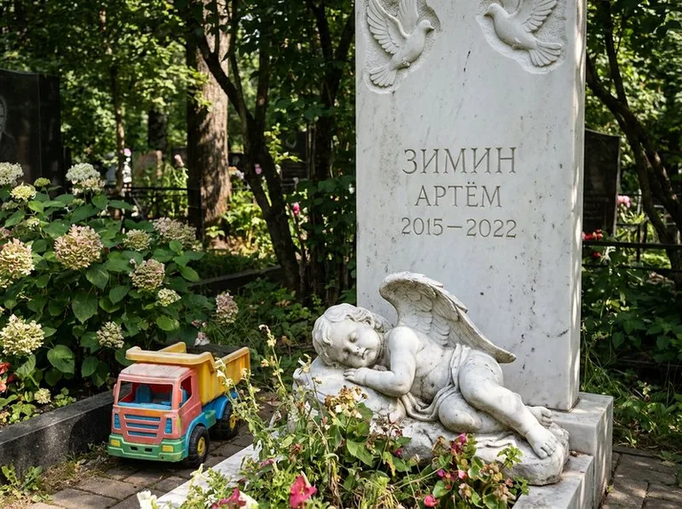 Спящий ангелочек на детском памятнике в Москве