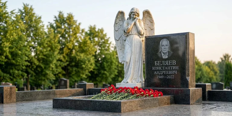 Скульптура на памятник в Москве — мраморный ангел на гранитном мемориале