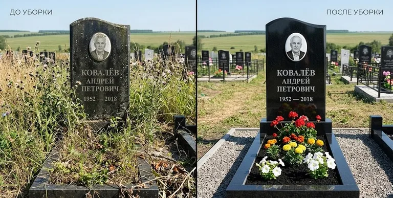 Уборка могилы до и после — ухоженный участок в Москве