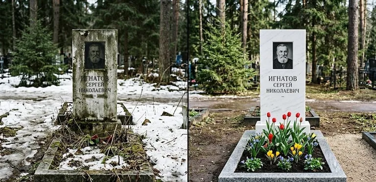 Диптих №6: высадка хризантем у подножия серого гранита — до и после уборки в Москве