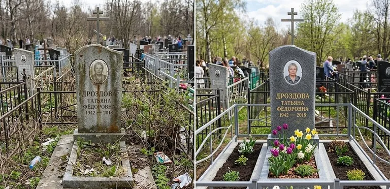 Диптих №4: свежепокрашенная серебром оградка и отмытый красный гранит — до и после в Москве