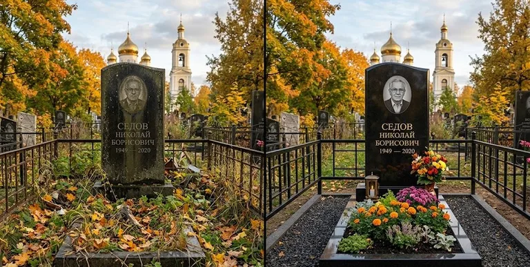 Уборка могилы до и после осенью — у церкви в Москве