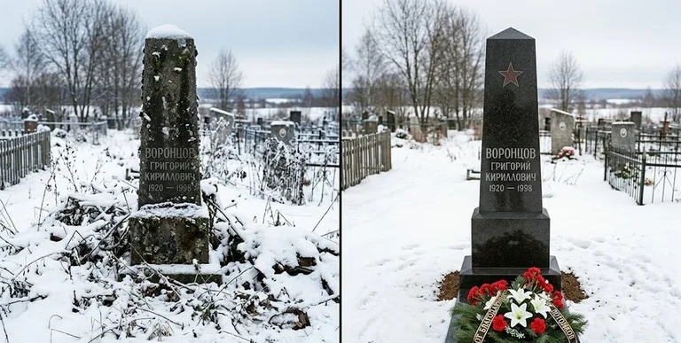 Уборка могилы до и после зимой — воинский обелиск в Москве