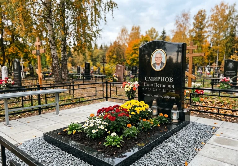 Ухоженная могила после уборки и мойки памятника в Москве