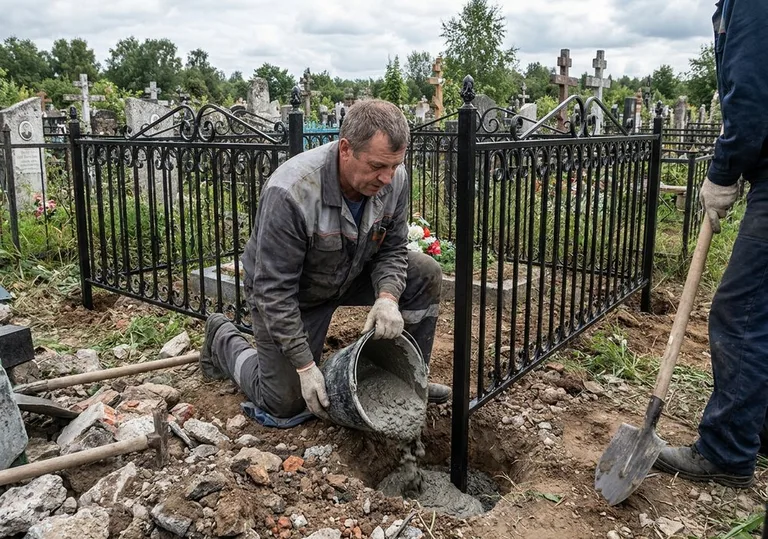 Установка ограды бетонированием ножек в грунт в Москве
