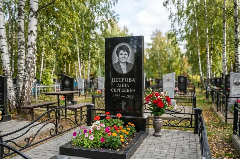 Гранитный памятник с цветником и плиткой в Москве