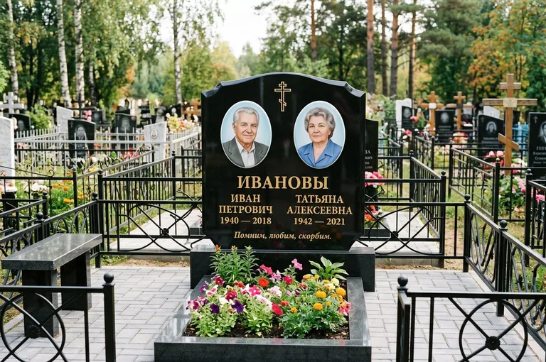 Установленный гранитный памятник с цветником и благоустройством в Москве