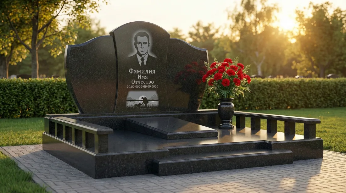 Памятник брату из коричнево-серого гранита с портретом и гравировкой, гранитная балюстрада-ограда, букет красных гвоздик Памятник брату из коричнево-серого гранита с портретом и гравировкой, гранитная балюстрада-ограда, букет красных гвоздик