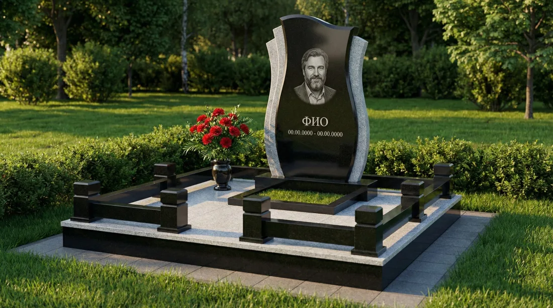 Памятник мужу из чёрного гранита фигурной формы с портретом бородатого мужчины, букет красных роз, гранитная оградка Памятник мужу из чёрного гранита фигурной формы с портретом бородатого мужчины, букет красных роз, гранитная оградка