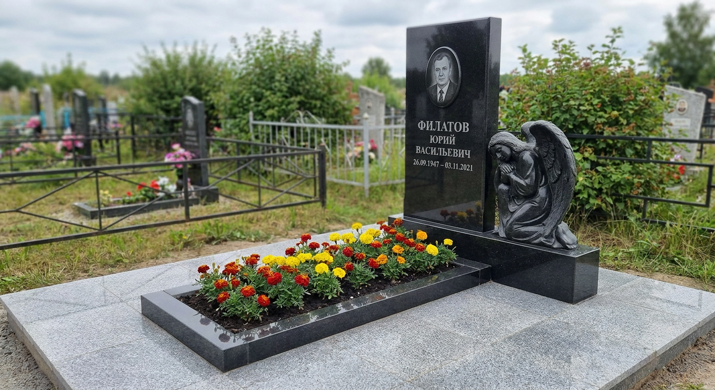 Памятник со скульптурой ангела из чёрного гранита с овальным портретом, Долгопрудненском кладбище, Москва