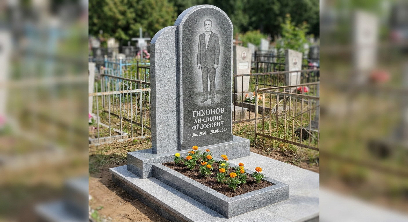 Стела с аркой из серого гранита с портретом в полный рост, Люблинском кладбище, Москва