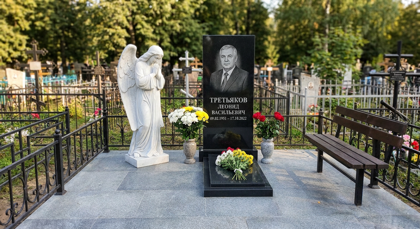Комплекс со скульптурой ангела из чёрного гранита с портретом по пояс, Ваганьковском кладбище, Москве