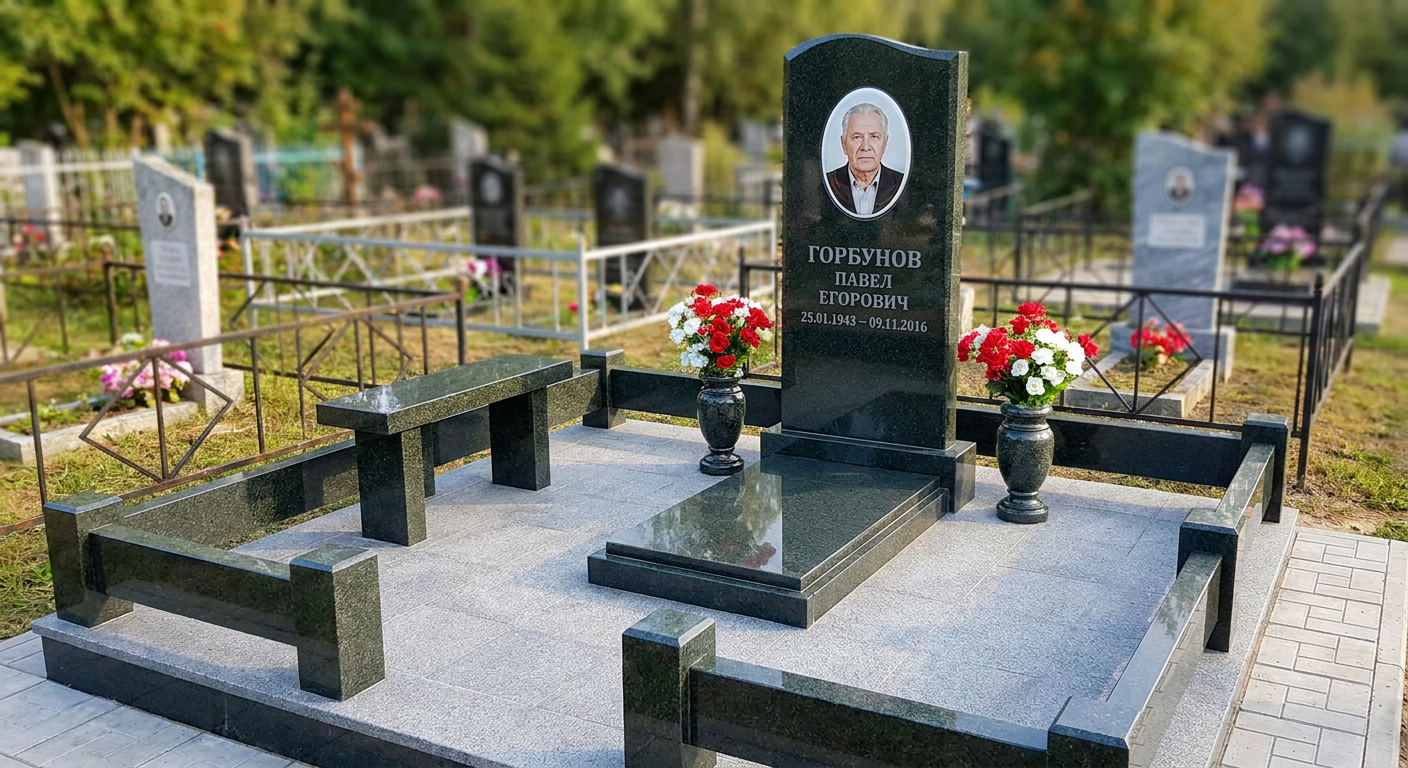 Мемориальный комплекс из зелёного гранита с цветным фотокерамическим портретом, Долгопрудненском кладбище, Москве
