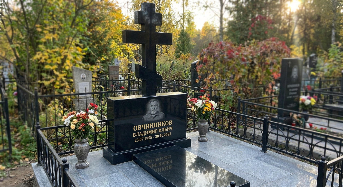 Объёмный гранитный крест из чёрного гранита с портретом по пояс, Люблинском кладбище, Москве