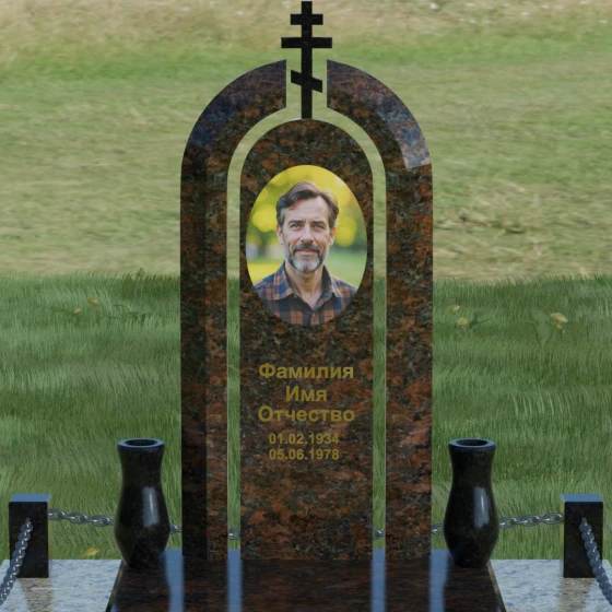 Памятник из гранита с тройной аркой и крестом, гранит Дымовский