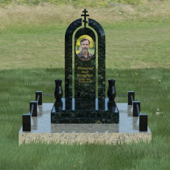 Памятник из гранита с тройной аркой и крестом, гранит Балтик грин, вид 2
