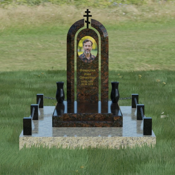 Памятник из гранита с тройной аркой и крестом, гранит Дымовский, вид 2