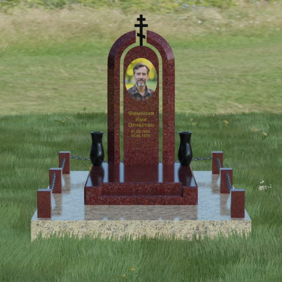Памятник из гранита с тройной аркой и крестом, гранит Лезниковский, вид 2