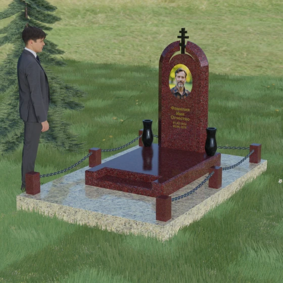 Памятник из гранита с тройной аркой и крестом, гранит Лезниковский, вид 4