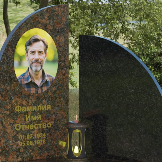 Гранитный монумент с асимметричной стелой и лампадой, гранит Дымовский