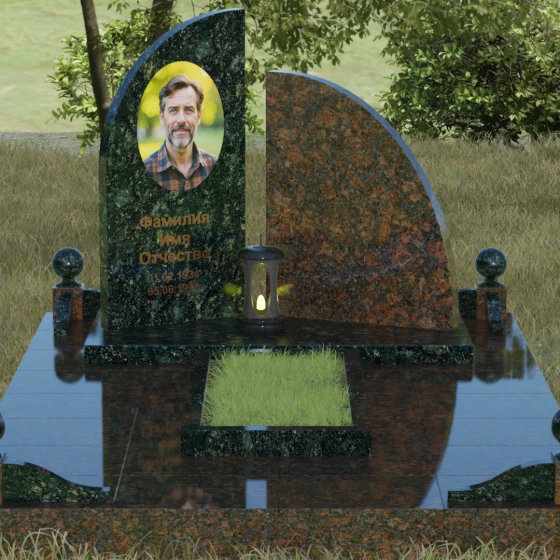 Гранитный монумент с асимметричной стелой и лампадой, гранит Балтик грин, вид 2