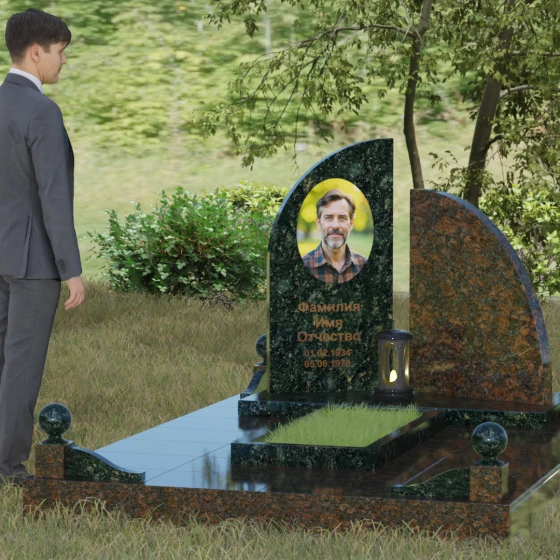 Гранитный монумент с асимметричной стелой и лампадой, гранит Балтик грин, вид 4