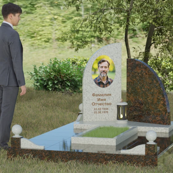 Гранитный монумент с асимметричной стелой и лампадой, гранит Мансуровский, вид 4