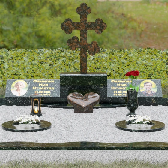 Православный гранитный мемориал с крестом и сердцем, гранит Балтик грин, вид 2