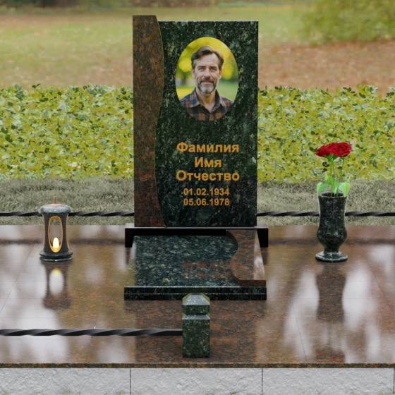 Гранитный памятник с S-образной волной, гранит Балтик грин, вид 2