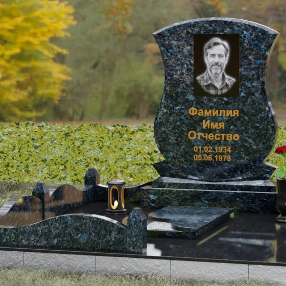 Гранитное надгробие с фигурными столбиками и мощением, гранит Блю Перл, вид 4