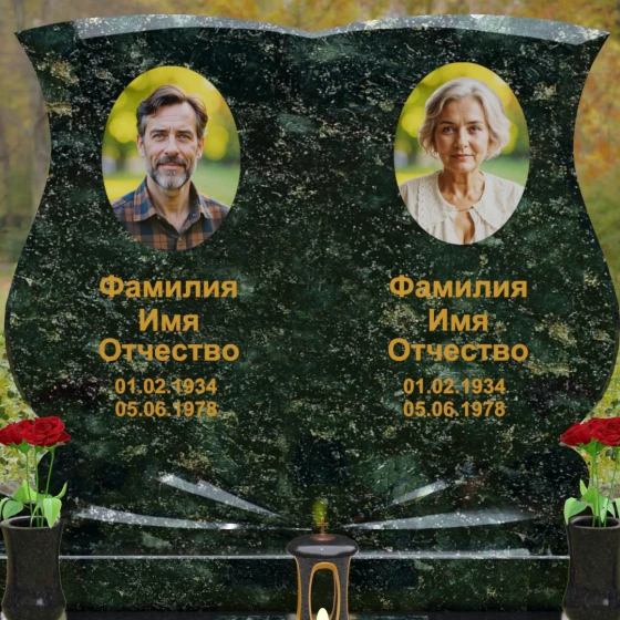 Горизонтальный гранитный памятник в виде книги с лучами, гранит Балтик грин
