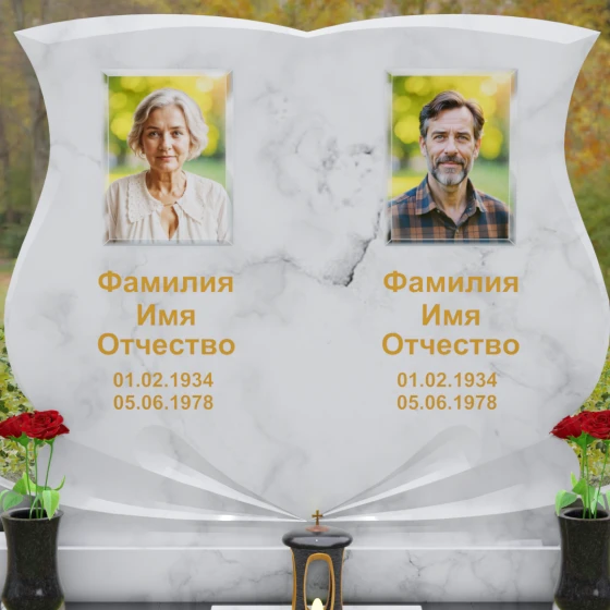 Горизонтальный гранитный памятник в виде книги с лучами, мрамор Тассос