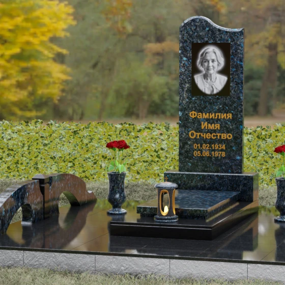 Мемориальная композиция из Гранита с волной, гранит Блю Перл, вид 4